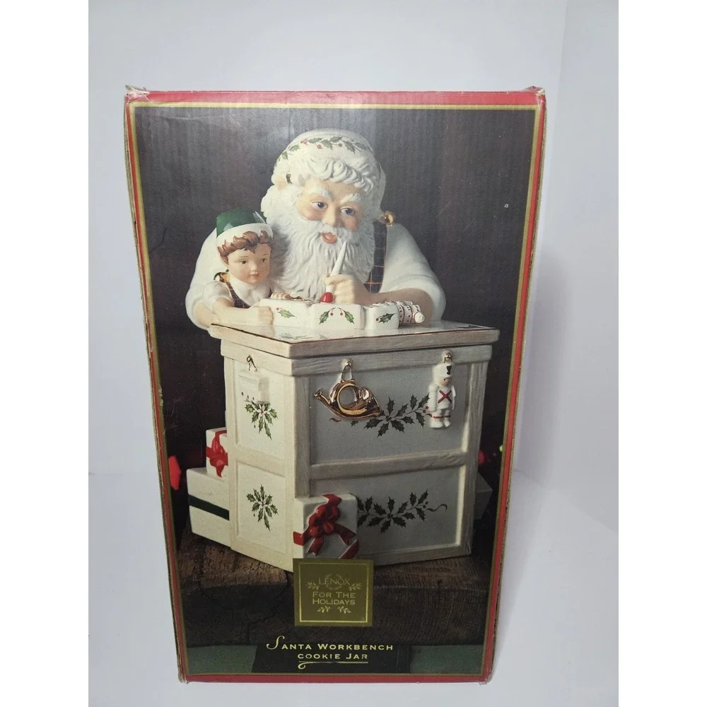 Lenox Santa Workbench Cookie Jar Ceramic Christmas Toy Shop Elf Figurine Gold